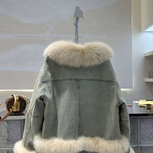 大毛领仿狐狸毛皮外套女加绒内胆羽绒服短牛仔机车风冬新款