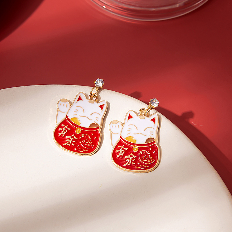 1 Pair Cute Cat Alloy Stoving Varnish Inlay Artificial Diamond Women's Drop Earrings display picture 3
