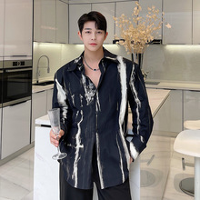 扎染棉衬衫INS潮男个性垫肩春季韩版外套廓形男装2022痞帅衬衣