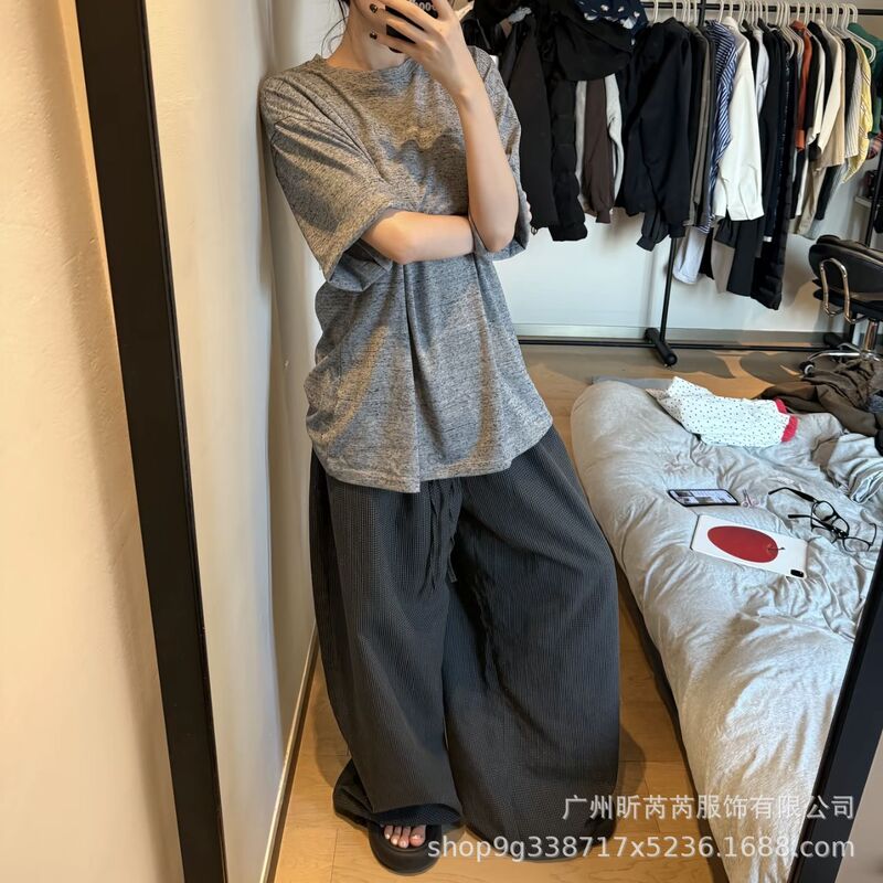 American Retro Lazy Style Casual Pants Summer New Loose Versatile Floor-Length Drawstring Wide-Leg Pants for Women Trendy American Retro Lazy Style Casual Pants Summer New Loose Versatile Floor-Length Drawstring Wide-Leg Pants for Women Trendy