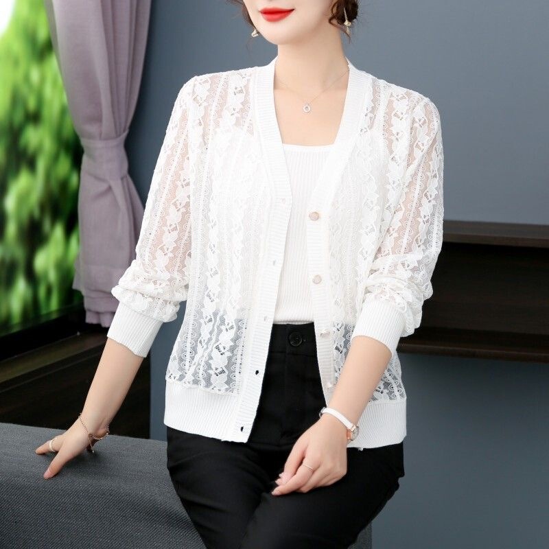Lace Knitted Cardigan Jacket Sun Protection Clothing for Women 2026 Summer Thin V-Neck Shawl Outerwear Short Hollow-Out Top Lace Knitted Cardigan Jacket Sun Protection Clothing for Women 2026 Summer Thin V-Neck Shawl Outerwear Short Hollow-Out Top