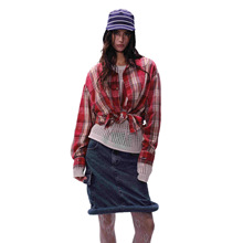 日系潮牌复古水洗工艺破边格纹衬衫男女春季宽松休闲时尚衬衣