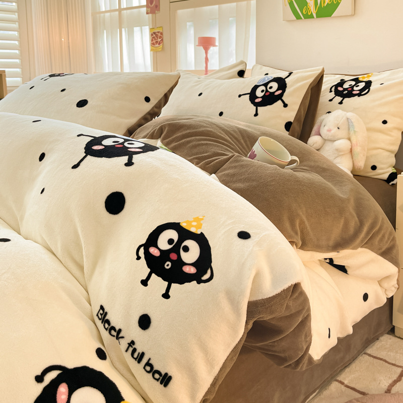 Juego de cuatro piezas de lana de leche de invierno, cama gruesa, sábana de otoño e invierno más funda de edredón de terciopelo, sábana de dormitorio de terciopelo de coral, juego de tres piezas