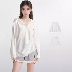 白いレースのレースの帽子の長袖のtシャツの女性の春と秋の薄いタイプの日焼け止めのブラウスのゆったりしているパーカーの早秋の上着