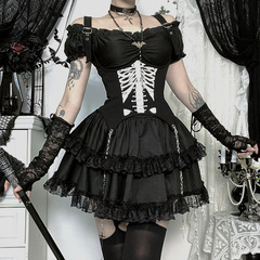 CF25240暗黑系骨骼印花背带塑腰2025新款哥特风cosplay小恶魔上衣