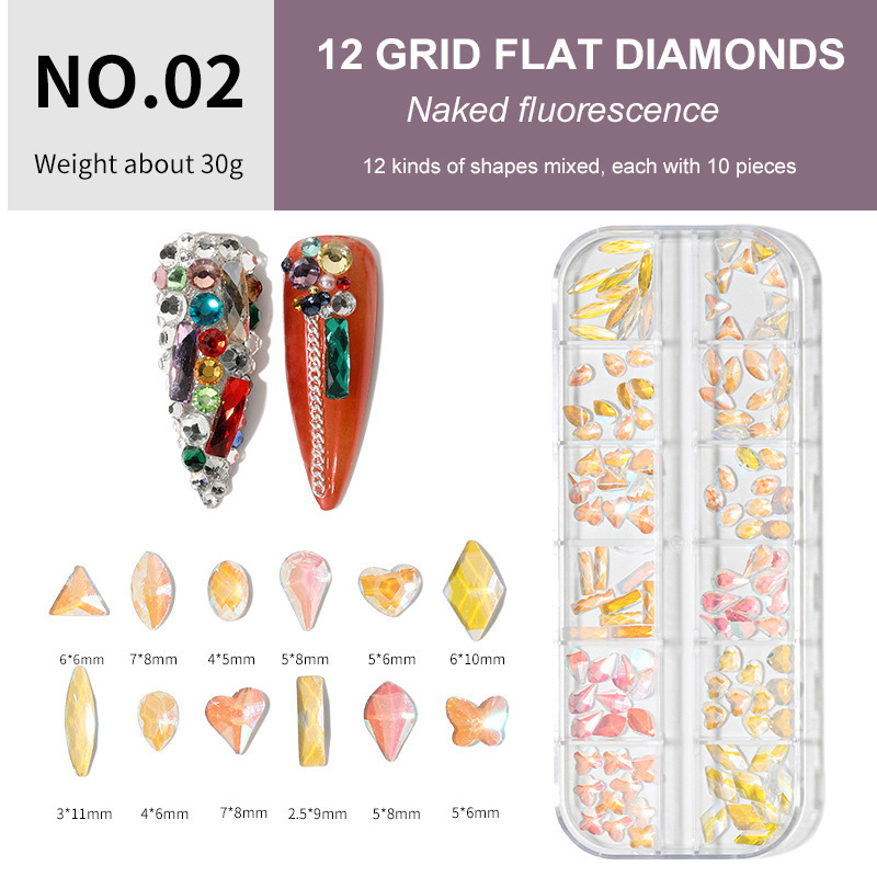 Joyería de uñas 12 rejilla mixta K9 plana en forma especial Temperatura de diamante Elf color mágico especial en forma de diamantes de imitación joyería de uñas al por mayor