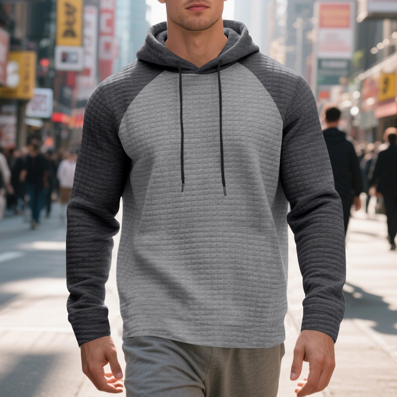 Schweres Kapuzensweatshirt mit Farbblockdesign für Herren, lockere Passform, Pullover mit Kordelzug für lässige Streetwear (Schwarz/Grau, Armeegrün/Beige)_voghion.com