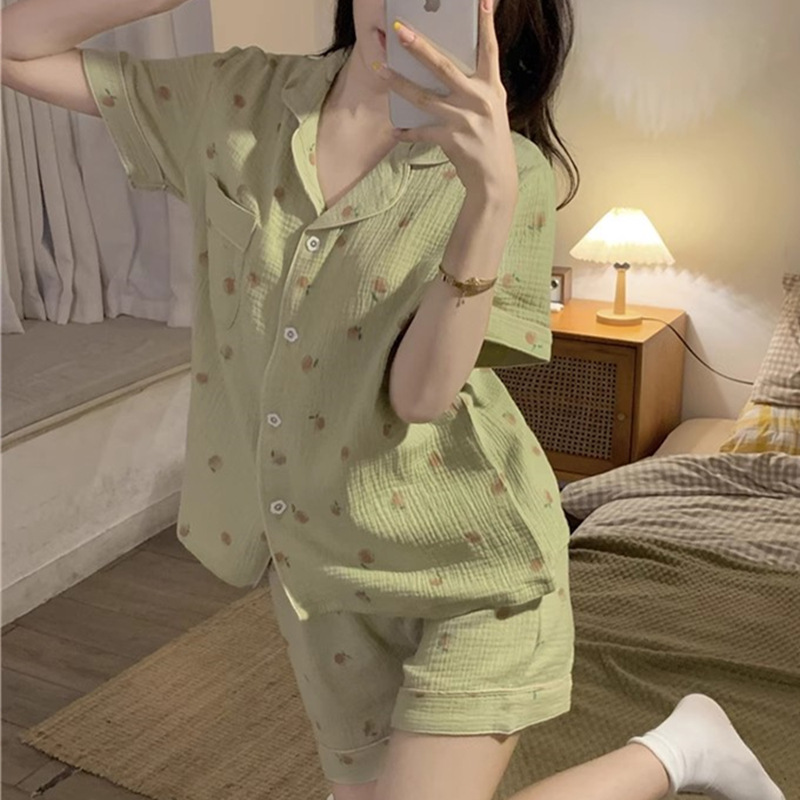 Ins Style Pajamas for Women Summer Sweet Bubble Cotton Thin Mesh Spring and Summer Short-Sleeved Dormitory Home Wear Set