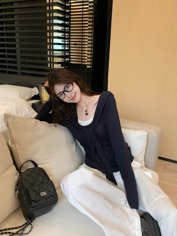 【260克人棉莫代尔】设计感系带假两件修身显瘦外穿百搭撞色上衣|undefined