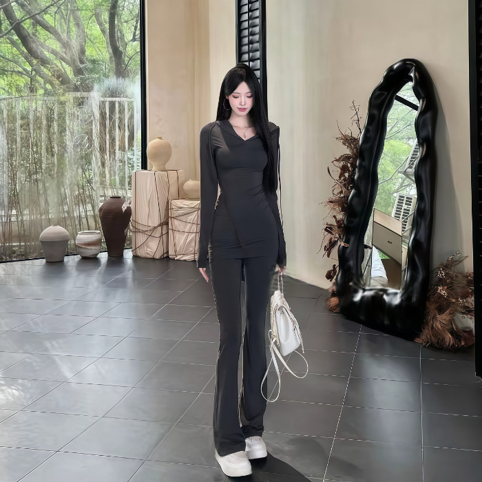 2025高级感连帽系带T恤上衣女秋季新款休闲微喇叭长裤子运动套装|undefined