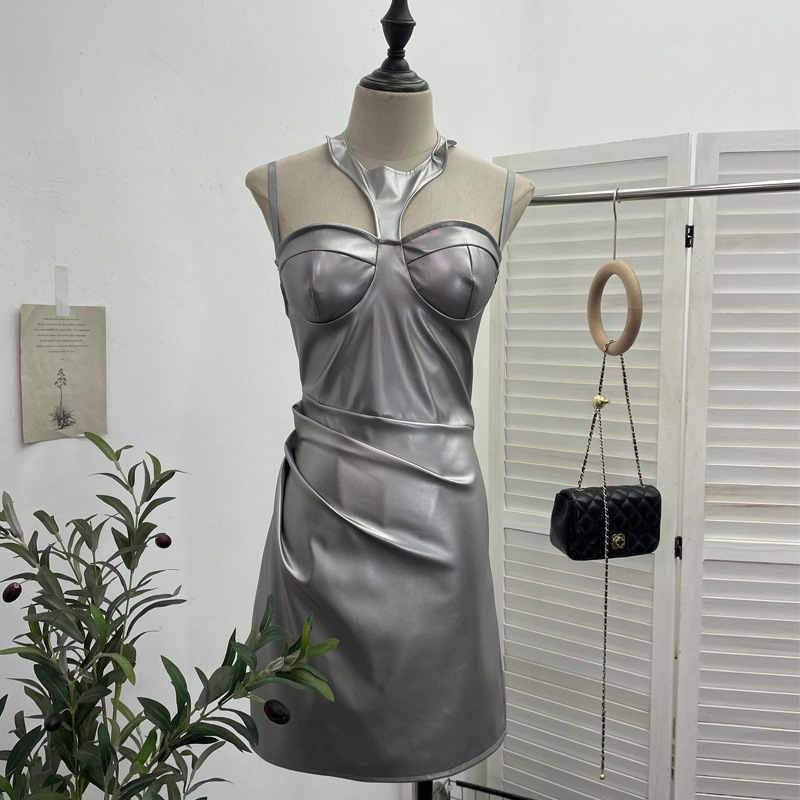 Chest Pad Halter Spaghetti Straps Dress Sexy Slim Fit Ruffle Hip Faux Leather Sexy 13 Chest Pad Halter Spaghetti Straps Dress Sexy Slim Fit Ruffle Hip Faux Leather Sexy