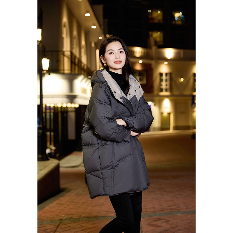 High-End 90 White Duck down Cocoon-Shaped Bread Jacket Hooded down Jacket Women's High-End Loose Women's Mid-Length Jacket