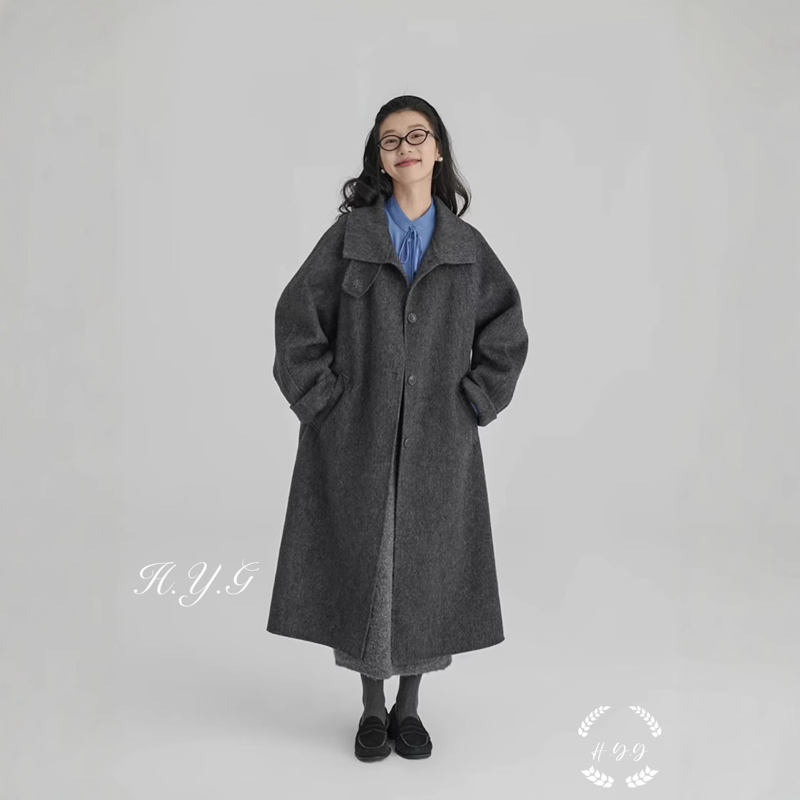 레스토랑 클래식 빈티지 그레이 오징어 코트 양면 울 알파카 긴 머리 두꺼운 가을과 겨울 코트 여성