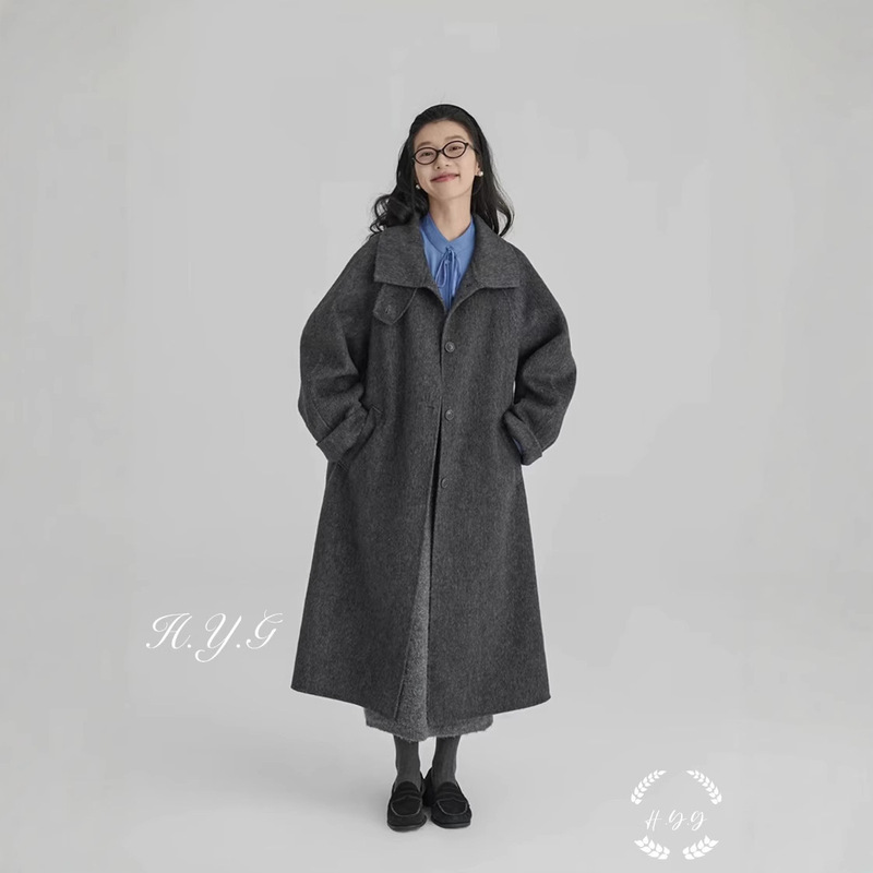Restaurant Classic Vintage Gray Squid Coat Double-sided Wool Alpaca Long Hair Thickened Autumn and Winter Coat Women