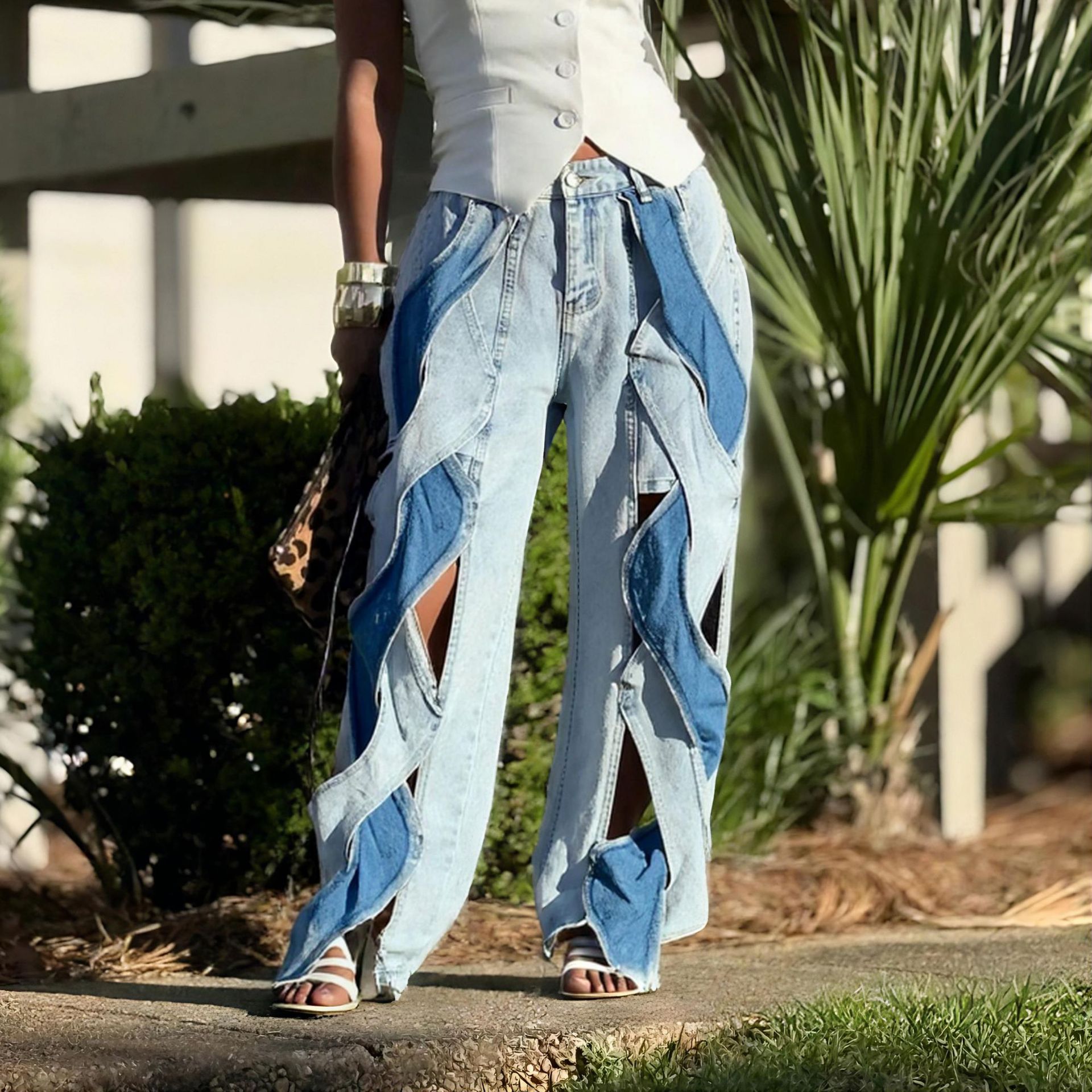 Trendy Distressed Denim Jeans With Braided Twist & Cutout Design - Straight Leg Comfort Fit For Women & Men_ecoleips.com