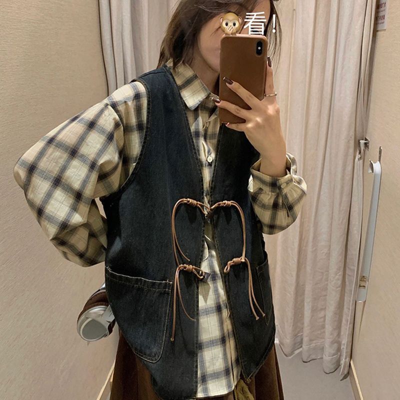 法式复古设计感小众牛仔坎肩女学生早秋款外穿衬衫新款三件套装|undefined