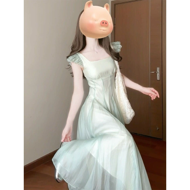 Французское мятное платье Mambo с маленькими летящими рукавами и квадратным вырезом для женщин, летняя длинная юбка с темпераментом, утягивающая талию, с большим подолом