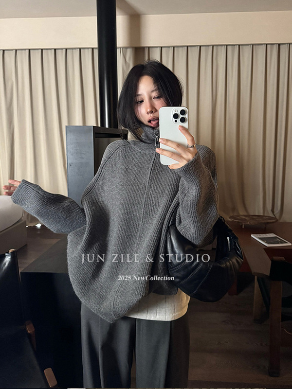 秋装女装高级感简约韩系灰色毛衣外套宽松显瘦高领拉链针织开衫|undefined