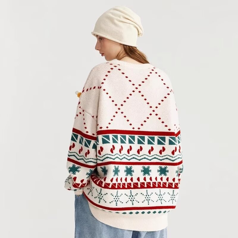 Men's Clothing National style trendy men and women long sleeved round neck pullover sweater knitted sweater red autumn and winter couple tops_voghion.com