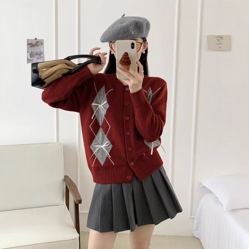 菱形格纹蝴蝶结针织开衫女秋季新款韩系设计感毛衣小个子上衣女|undefined