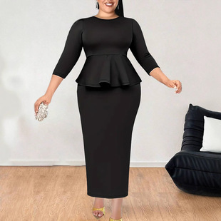TB6509 European and American cross-border women's TEMU spring new plus size fashion elegant solid color waist hip dress