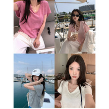 5182# 张贝贝ibell手工毛边V领纯色休闲短袖t女显瘦百搭薄款上衣