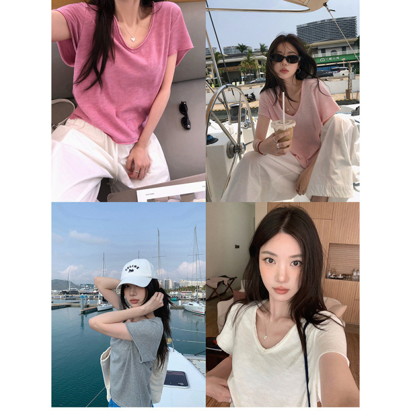 5182 # Zhang Beibei Ibell Handmade Frayed Edge V-Neck Solid Color Casual Short-Sleeve T-Shirt for Women, Slim Fit, Versatile, Lightweight Top 5182 # Zhang Beibei Ibell Handmade Frayed Edge V-Neck Solid Color Casual Short-Sleeve T-Shirt for Women, Slim Fit, Versatile, Lightweight Top