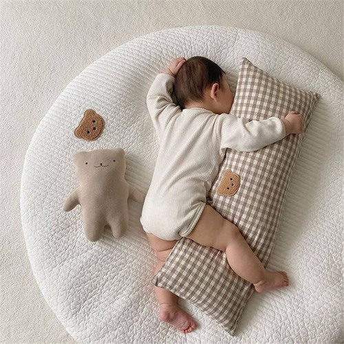 Ins style pure cotton baby plaid bear embroidery bedside pillow sofa pillow baby pillow with core removable and washable