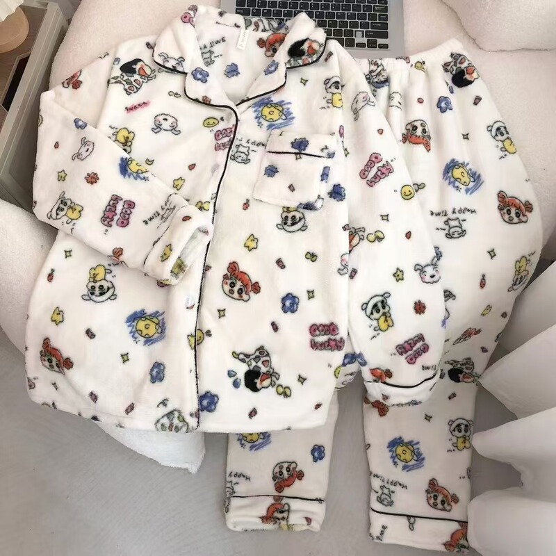 With eye patch pajamas women's autumn and winter cardigan flannel lapel coral fleece student plus size home clothing suit wholesale