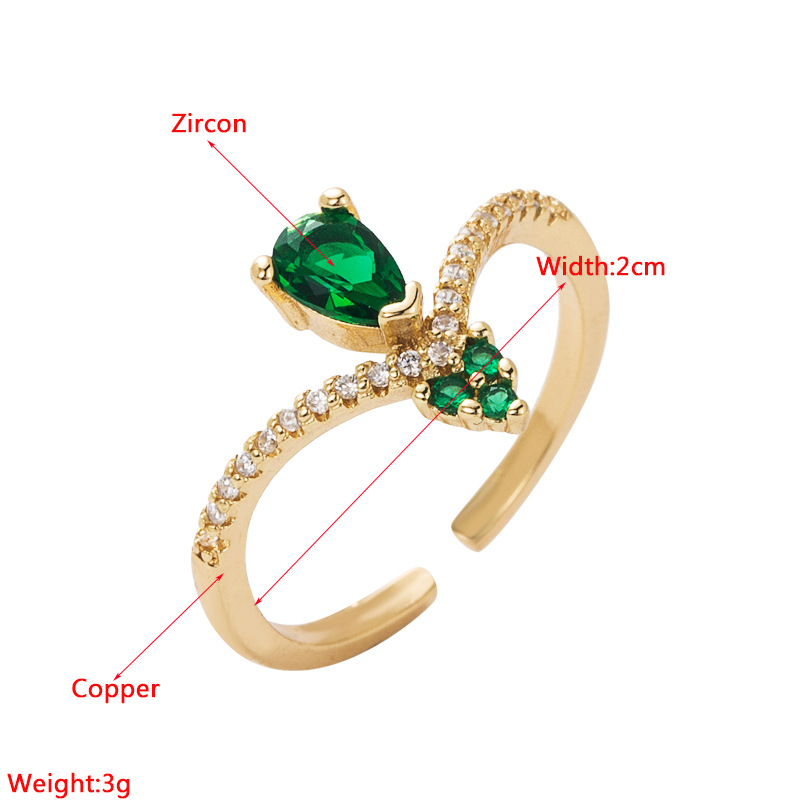 Kupfer Reales Gold Überzogen Micro Intarsien Grün Zirkon Herz-geformte Frauen Ring display picture 1