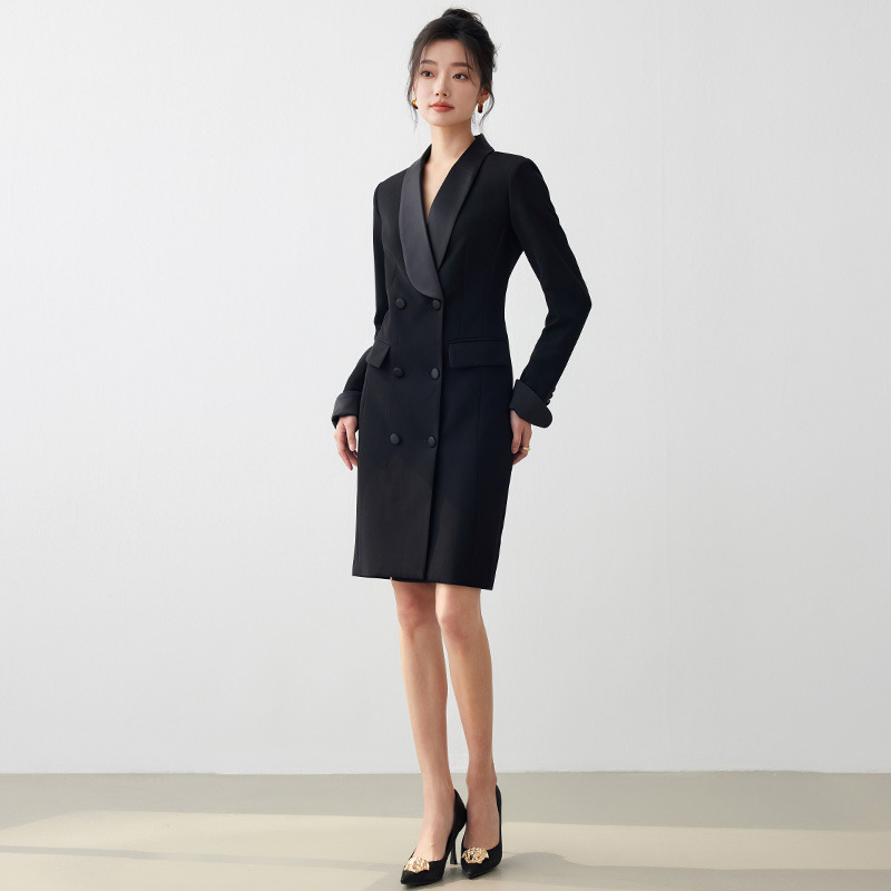 Black Long-Sleeved Suit Dress for Autumn and Winter, High-End, Elegant, Slim-Fitting, Hotel Manager Front Desk Reception Suit Dress