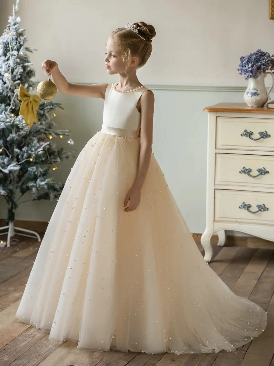 Abito lungo da bambina in tulle color champagne con perle, nuovo modello 2026, abito per il compleanno della bambina_voghion.com
