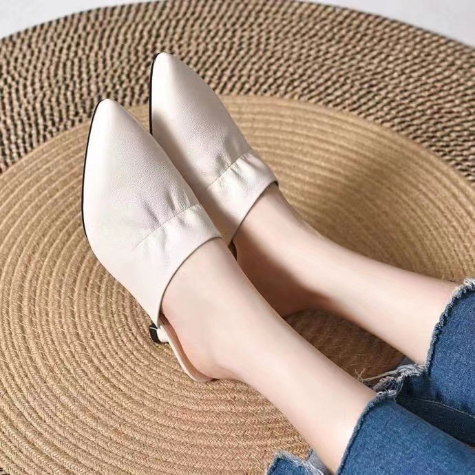 Giày mule nữ mũi nhọn da thật gót kitten 3 cm kiểu Pháp — Gót nhọn màu Mơ (3 cm)