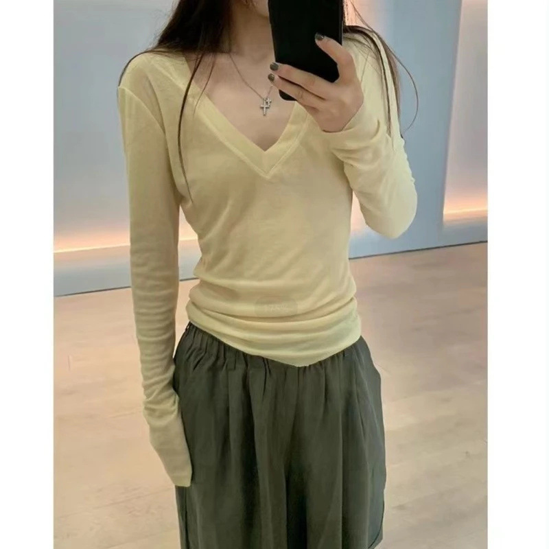 Tencel Shoulder Thin Micro-transparent Slim-fit V-neck Long-sleeved T-shirt Women's Summer New Sunscreen Blouse Fashion Pure Desire Top