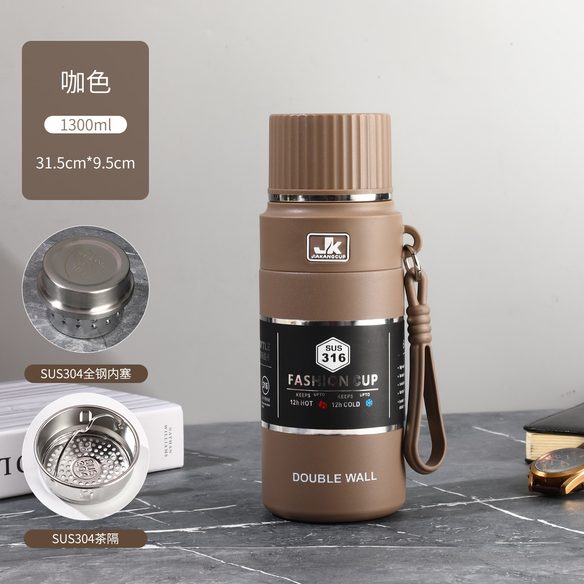 Taza de aislamiento térmico de acero inoxidable comercial con taza de agua al aire libre de gran capacidad para hacer té con tapa para beber hervidor de agua montado en automóviles