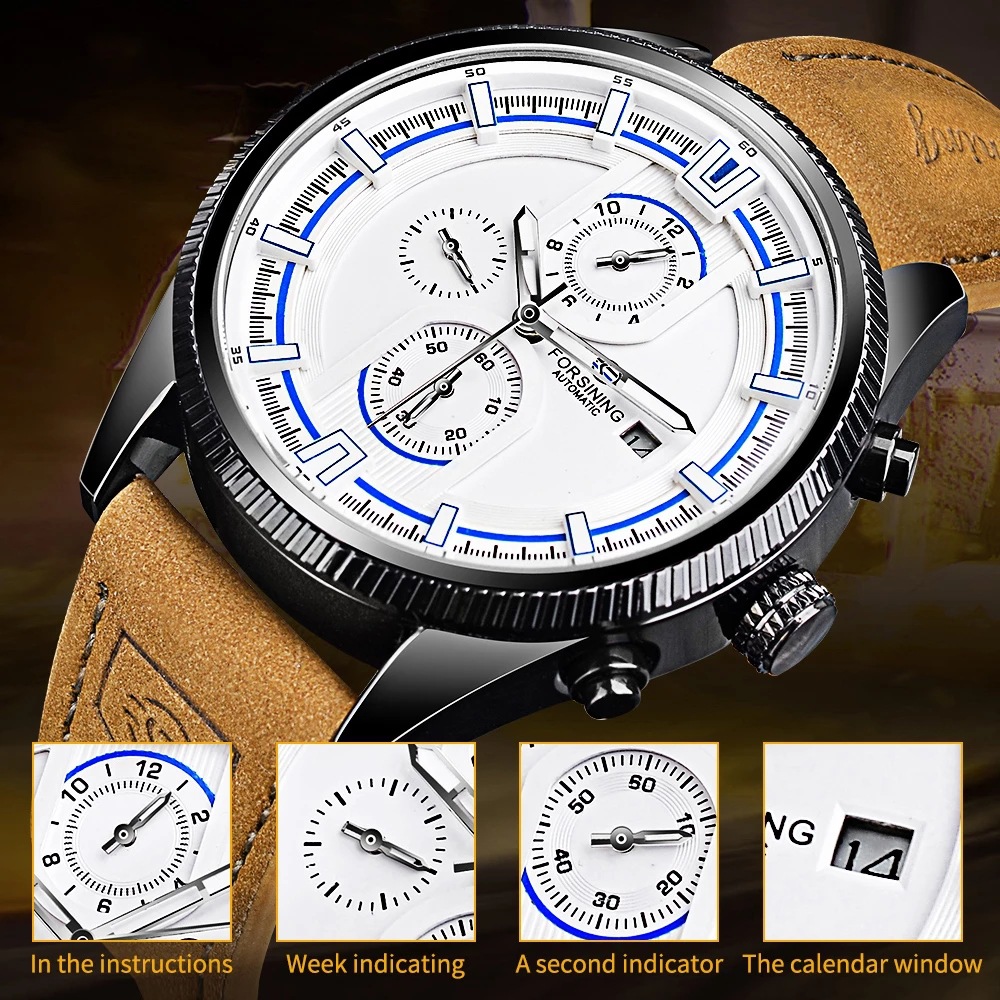 Forsining Three Eyes Six Needle Men's Automatic Mechanical Watch Casual Fashion Men's Watch 30 meter Life Waterproof_voghion.com