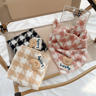 ~ Korean style versatile houndstooth LUCKY bear children's scarf student children's square scarf warm matching baby headscarf fashion