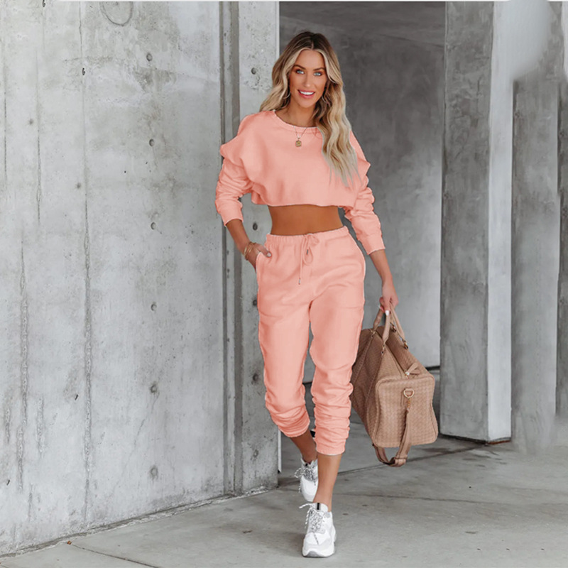 Autumn Winter Solid Color Round Neck Pullover Cropped Long Sleeve Sweaters Women's Clothing Casual Drawstring Trousers Suit