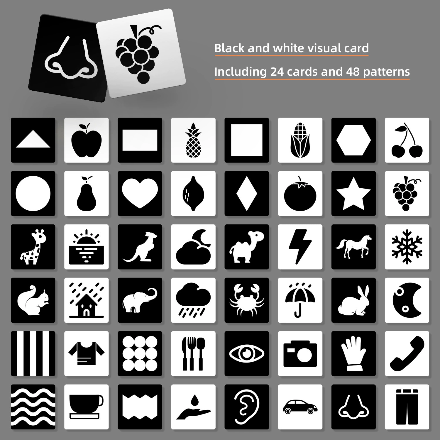Black & white visual stimulation cards, 24 cards with 48 high‑contrast patterns, sensory development for infants