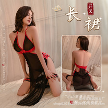 瑰诺性感禁欲系女成熟御姐套装v 字透视诱惑三点式黑纱高开叉旗袍