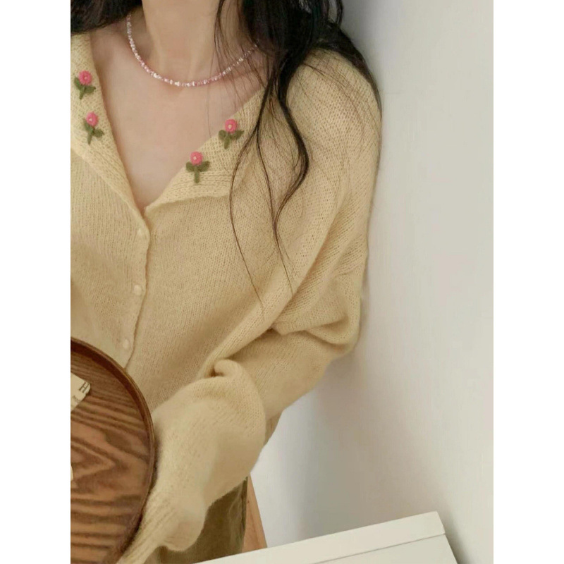 Highly Recommended! Korean-Style Chic Gentle Neckline Handmade Crochet Small Lapel Design Sweater Cardigan Jacket