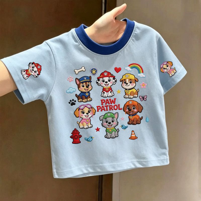 High-quality pure cotton short-sleeved T-shirts for toddlers and toddlers, featuring Paw Patrol cartoon prints, Korean style, fashionable.