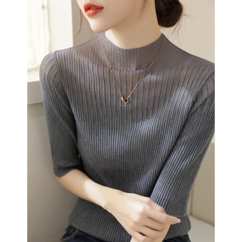 Half-High Collar Lace Mesh Half-Sleeve Sweater 2026 Spring/Summer New High-End Inner Wear Top A5583