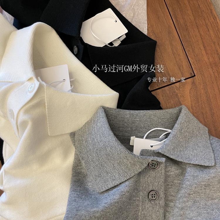 Burst love!! Crazy and charming collar and temperament, R * W French polo collar shoulder slimming short sleeve sweater