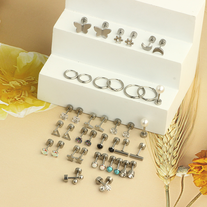 Stainless Steel Round Cake Lip Stud Earring Set for Women Fashion Cartilage Ear Bone Stud Body Piercing Jewelry detail image 7