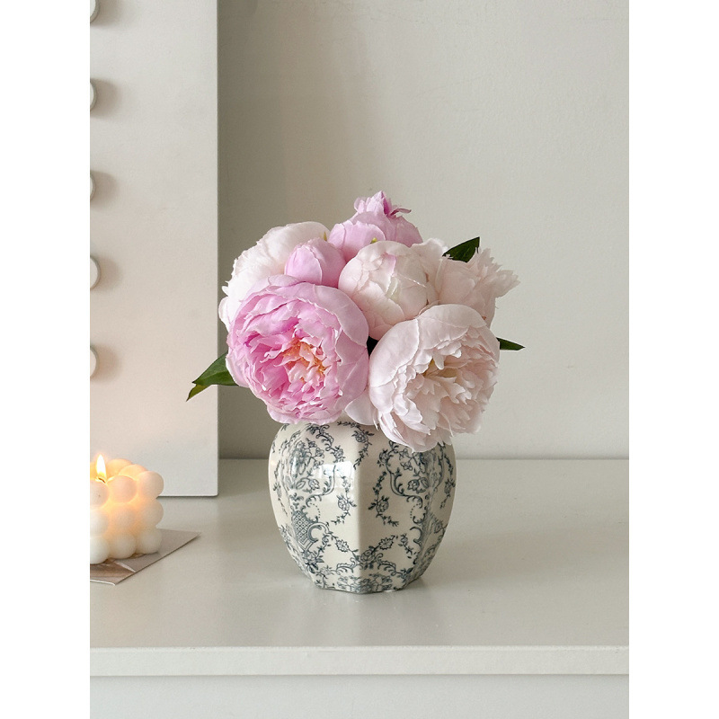 Nuevo jarrón de cerámica azul china nueva decoración de estilo chino sala de estar floral decoración de vestíbulo de estilo antiguo peonía floral