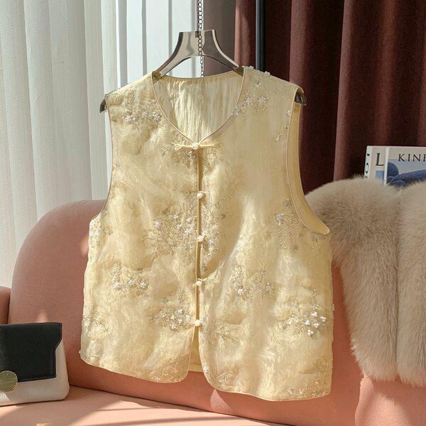 New Chinese Style National Style Embroidered Yellow Organza Vest New Style 2025 Versatile Western Style Waistcoat Top