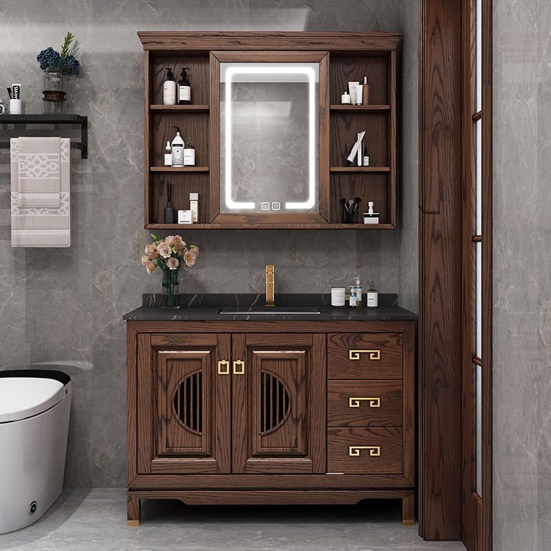 New Chinoiserie Bathroom Cabinet Red Oak Bathroom Washbasin Floor-standing Hand Washbasin Mirror Cabinet Bathroom Cabinet Combination
