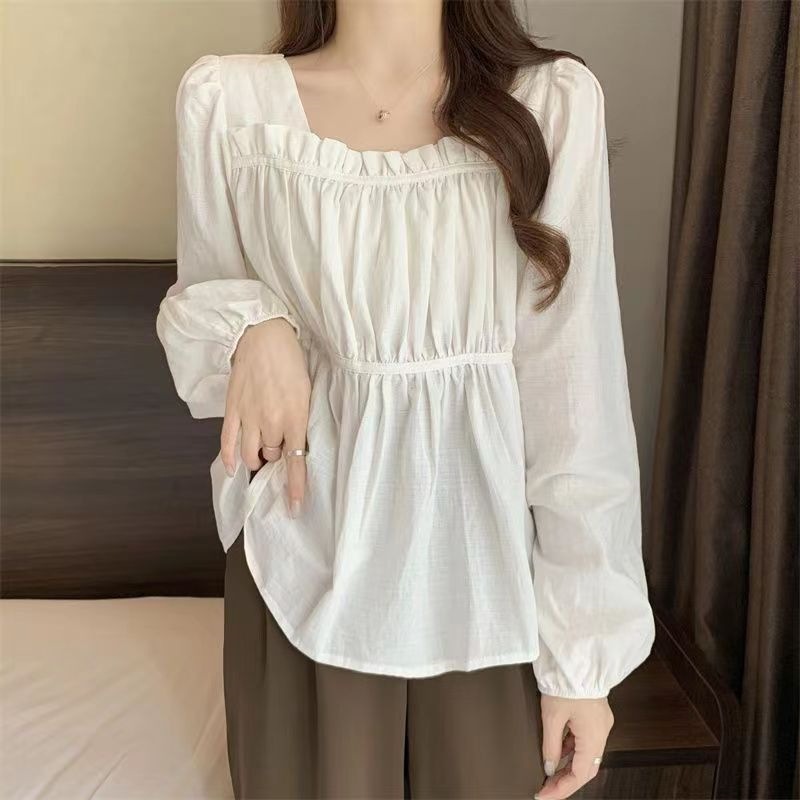 Plus-Size Women's Spring and Autumn New Style Puff Sleeve Square Collar Shirt, Loose Fit, Slimming, Tummy-Concealing, Long-Sleeve Top