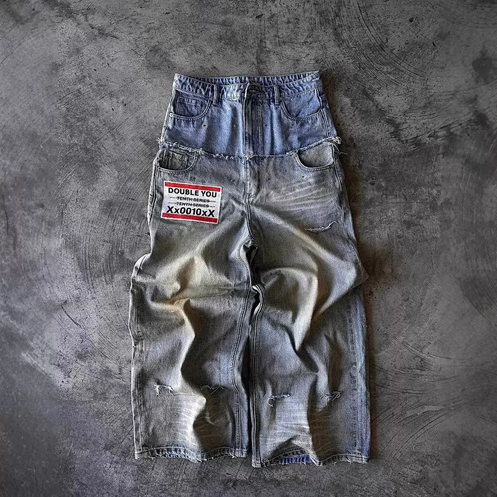 跨境欧美双腰破洞印花牛仔裤男y2k街头哥特宽松休闲百搭直筒裤潮